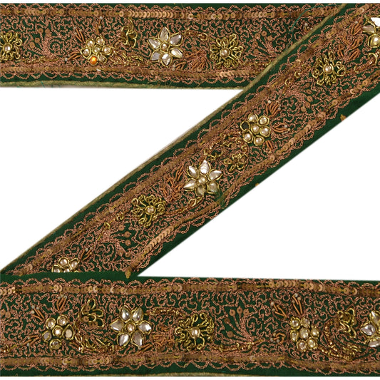 Sanskriti Vintage Sari Border Hand Beaded 1 Yd Trim Sewing Green Kundan Lace