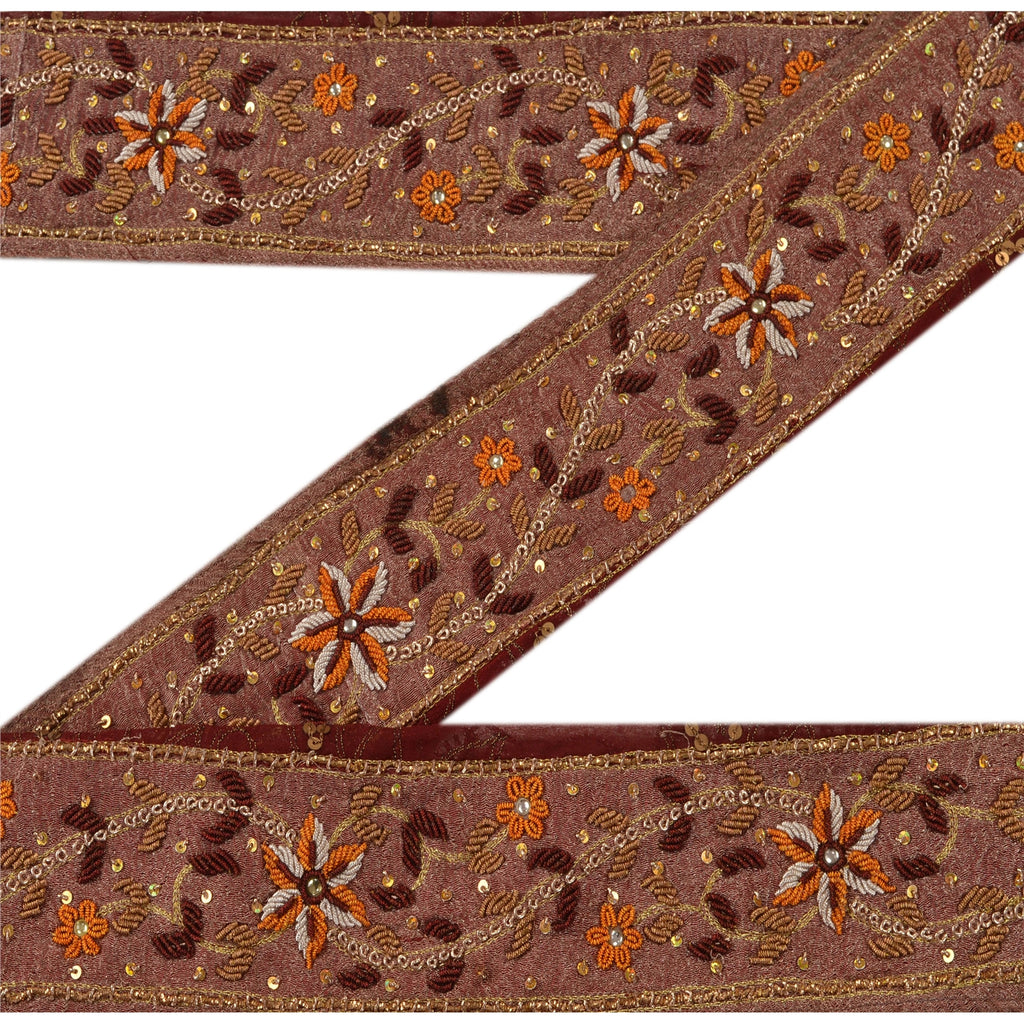 Sanskriti Vintage Sari Border Hand Beaded 1 Yd Trim Sewing Dark Red Craft Lace