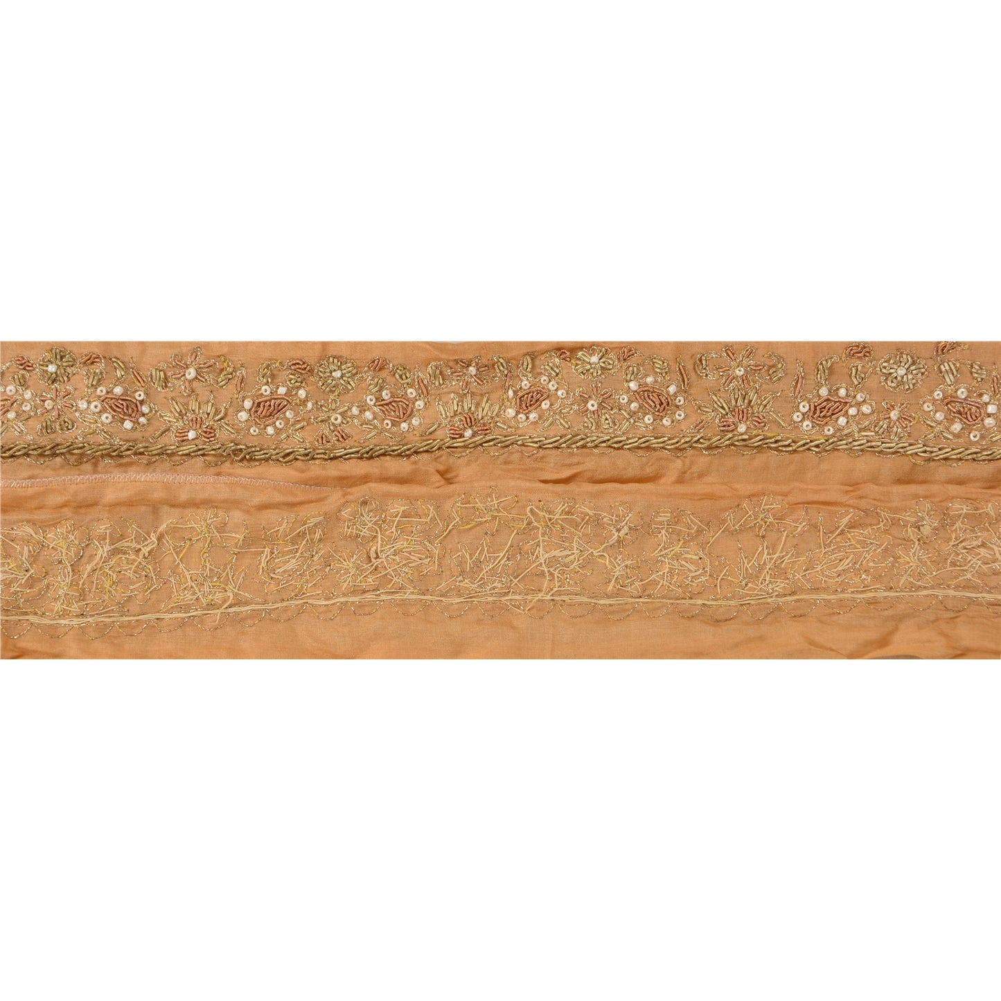 Sanskriti Vintage Border Hand Beaded 1 Yard Indian Trim Sewing Peach Zari Lace