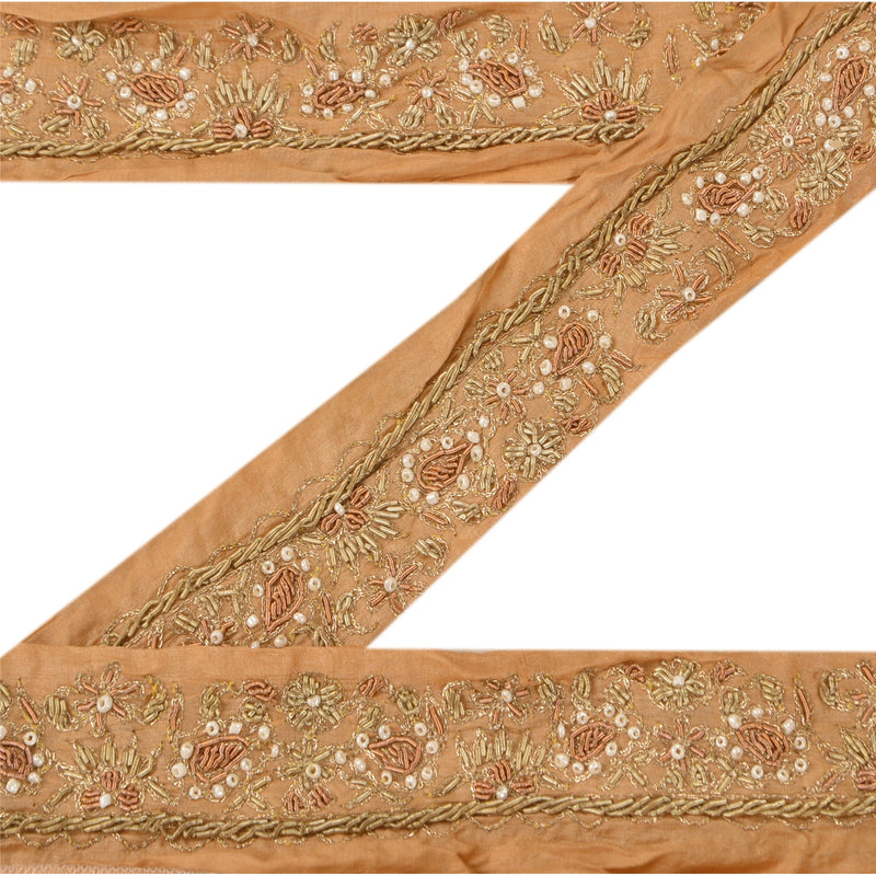 Sanskriti Vintage Hand Beaded Zardozi Sari Border: Peach Silk Indian Trim, 1 Yard by upholstery fabric