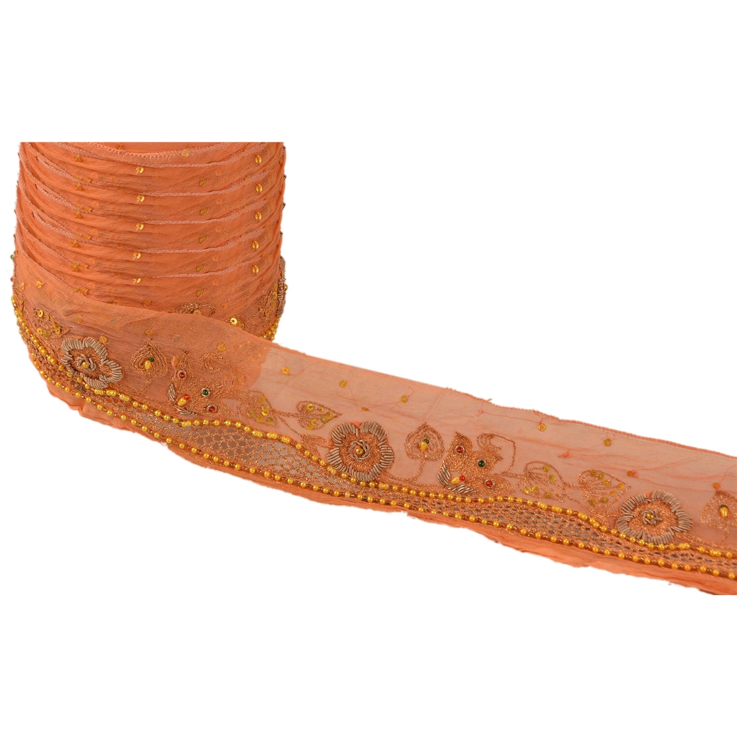 Sanskriti Vintage Sari Border Hand Beaded 1Yd Indian Trim Sewing Peach Zari Lace