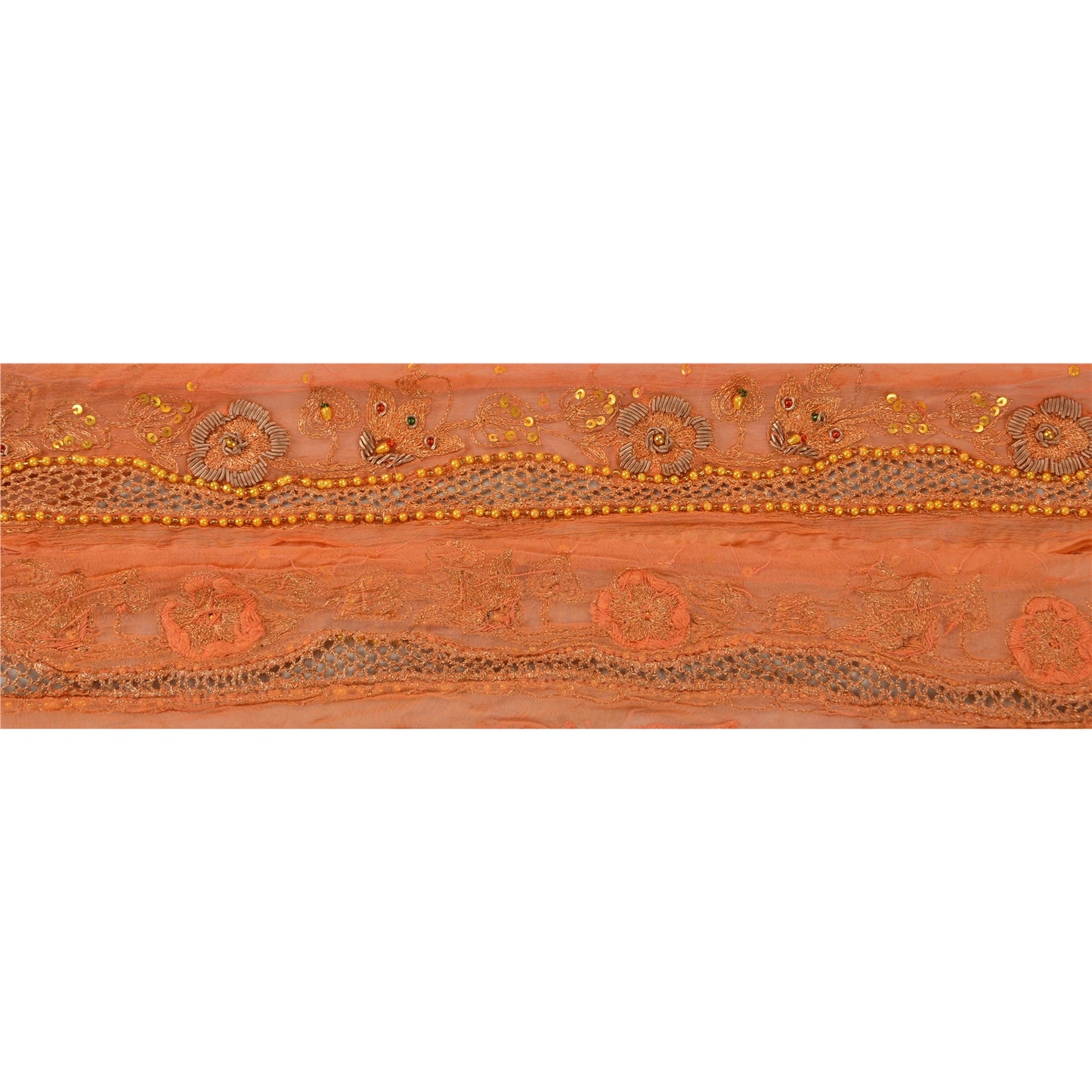 Sanskriti Vintage Sari Border Hand Beaded 1Yd Indian Trim Sewing Peach Zari Lace