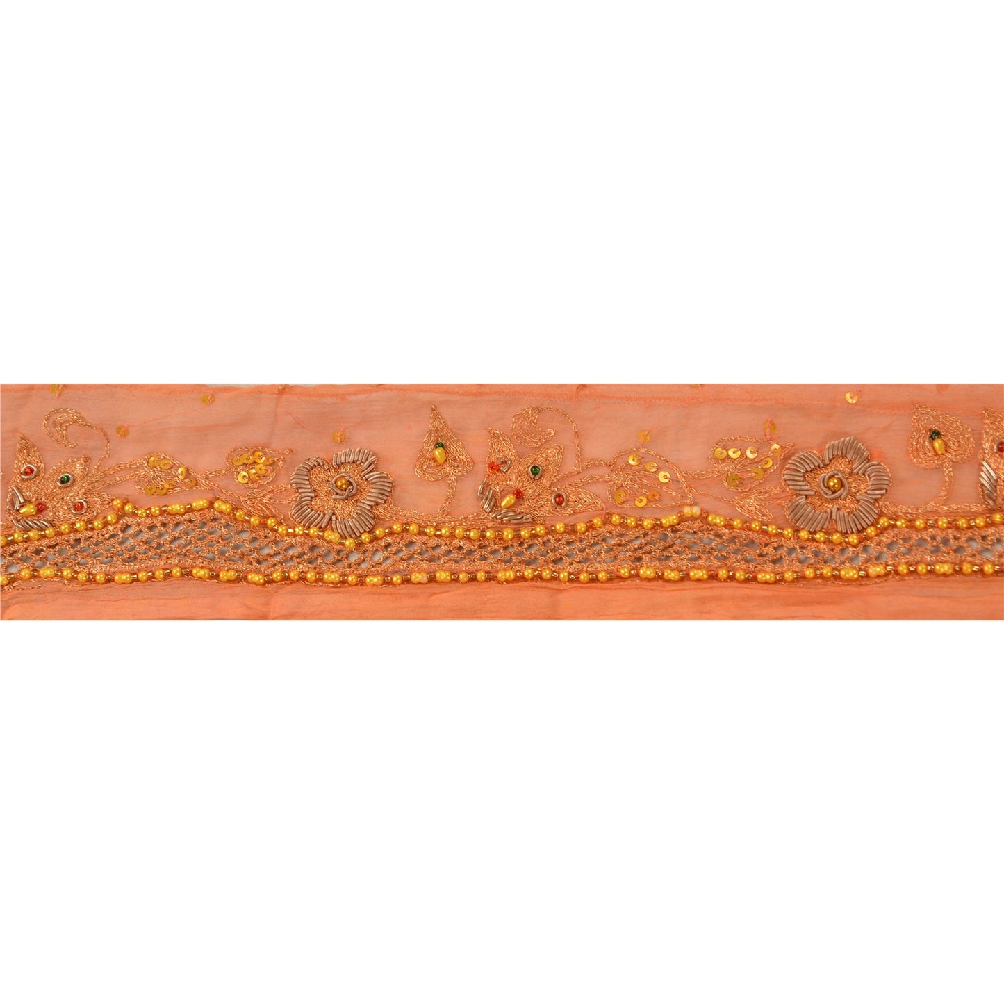 Sanskriti Vintage Sari Border Hand Beaded 1Yd Indian Trim Sewing Peach Zari Lace