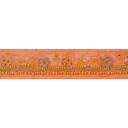 Sanskriti Vintage Sari Border Hand Beaded 1Yd Indian Trim Sewing Peach Zari Lace