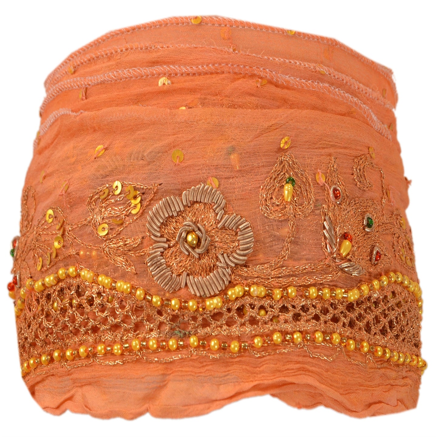 Sanskriti Vintage Sari Border Hand Beaded 1Yd Indian Trim Sewing Peach Zari Lace