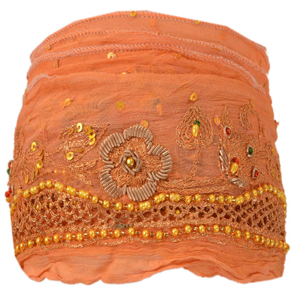 Sanskriti Vintage Sari Border Hand Beaded 1Yd Indian Trim Sewing Peach Zari Lace