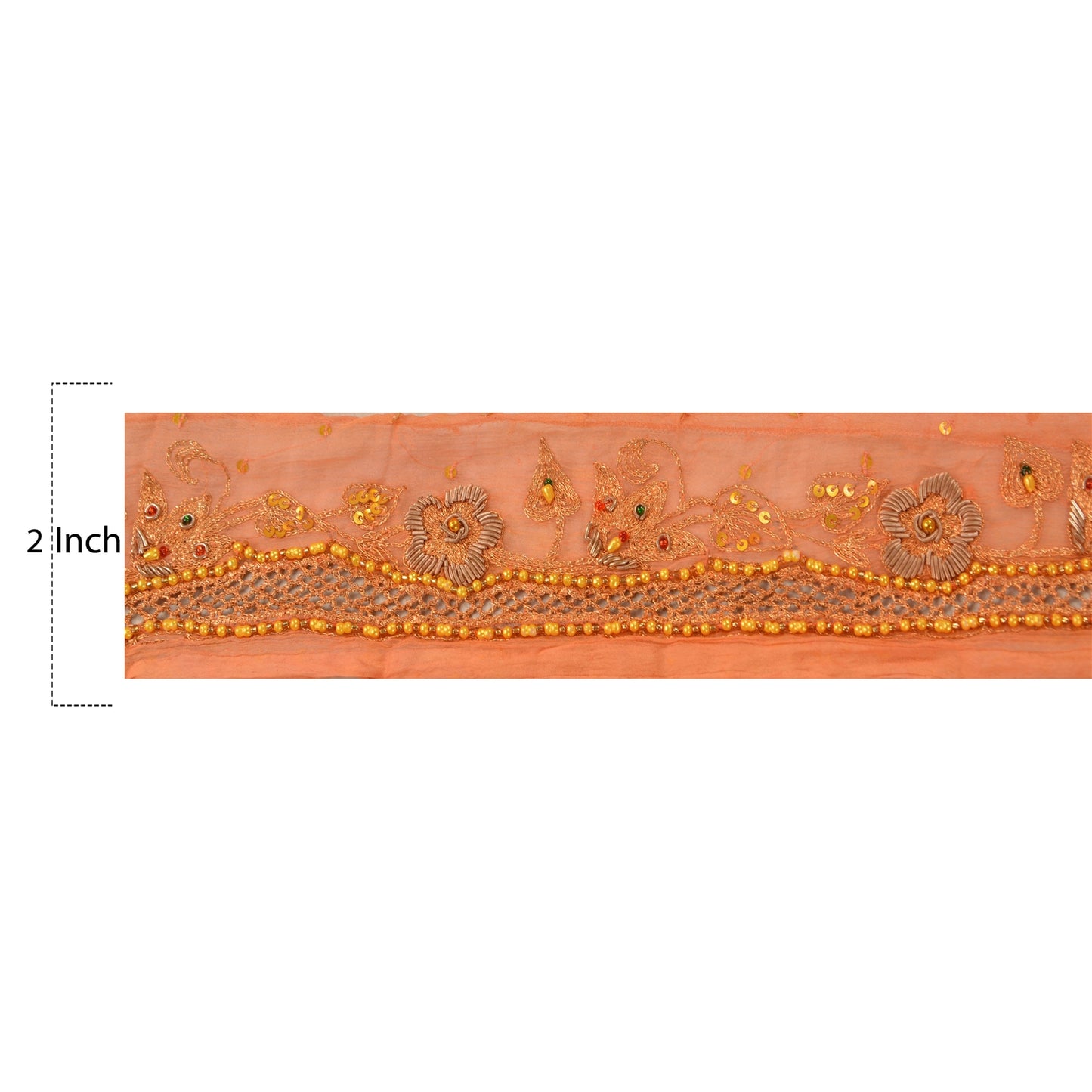 Sanskriti Vintage Sari Border Hand Beaded 1Yd Indian Trim Sewing Peach Zari Lace