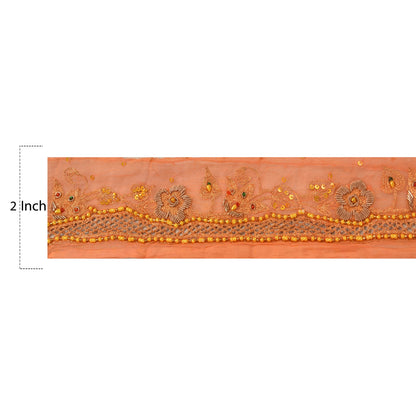 Sanskriti Vintage Sari Border Hand Beaded 1Yd Indian Trim Sewing Peach Zari Lace
