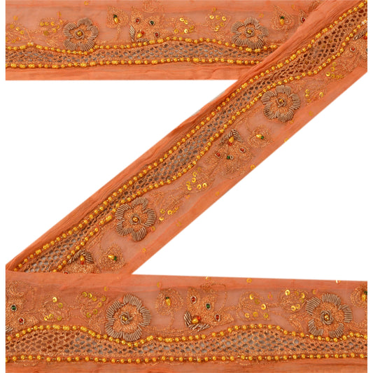 Sanskriti Vintage Sari Border Hand Beaded 1Yd Indian Trim Sewing Peach Zari Lace