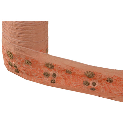 Sanskriti Vintage Sari Border Hand Embroidered 1 Yd Trim Sewing Peach Craft Lace
