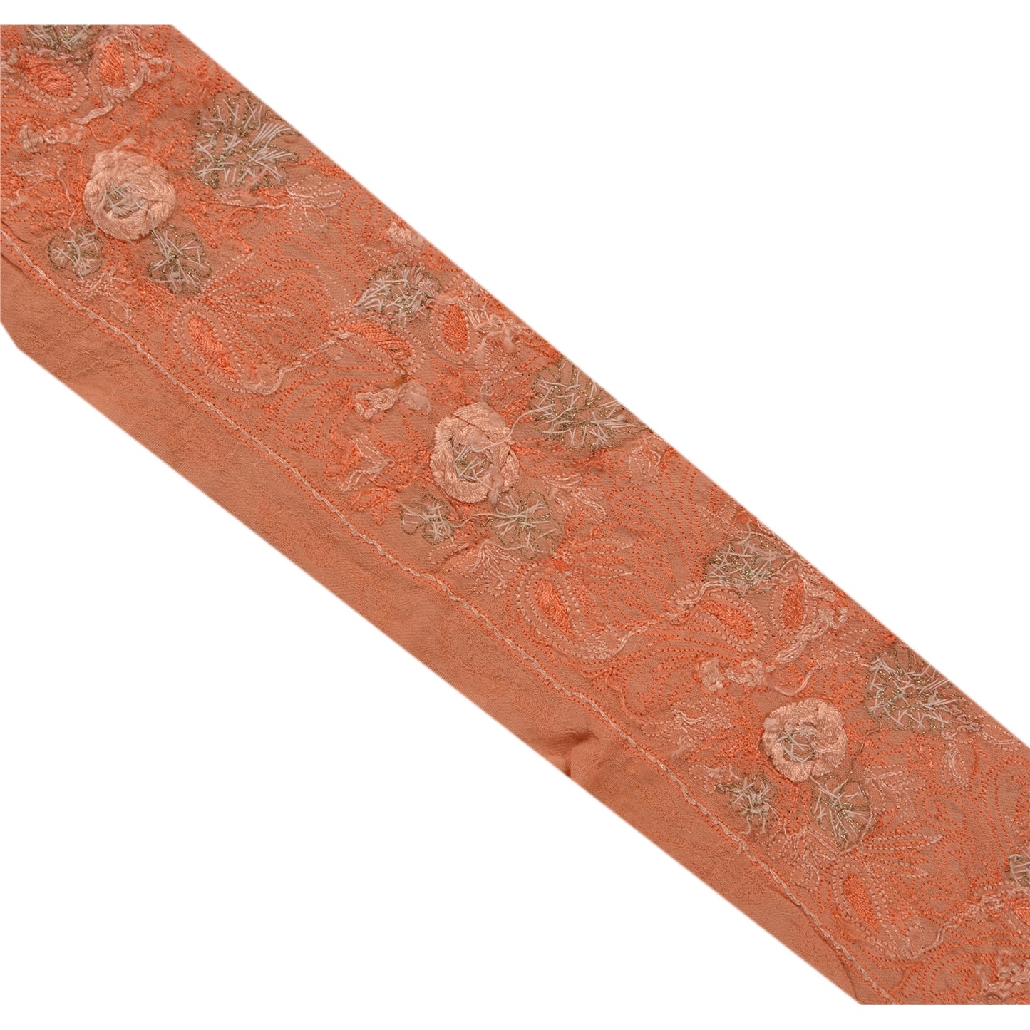 Sanskriti Vintage Sari Border Hand Embroidered 1 Yd Trim Sewing Peach Craft Lace