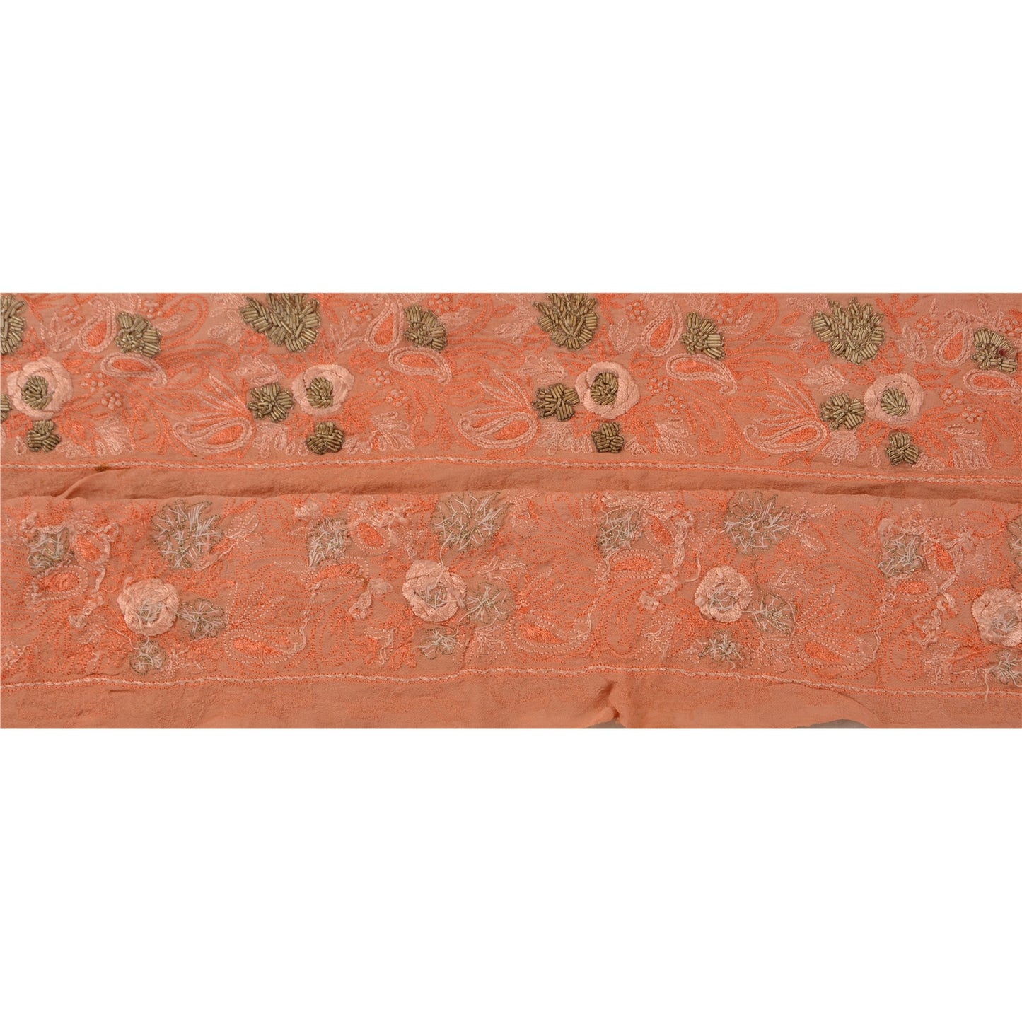 Sanskriti Vintage Sari Border Hand Embroidered 1 Yd Trim Sewing Peach Craft Lace