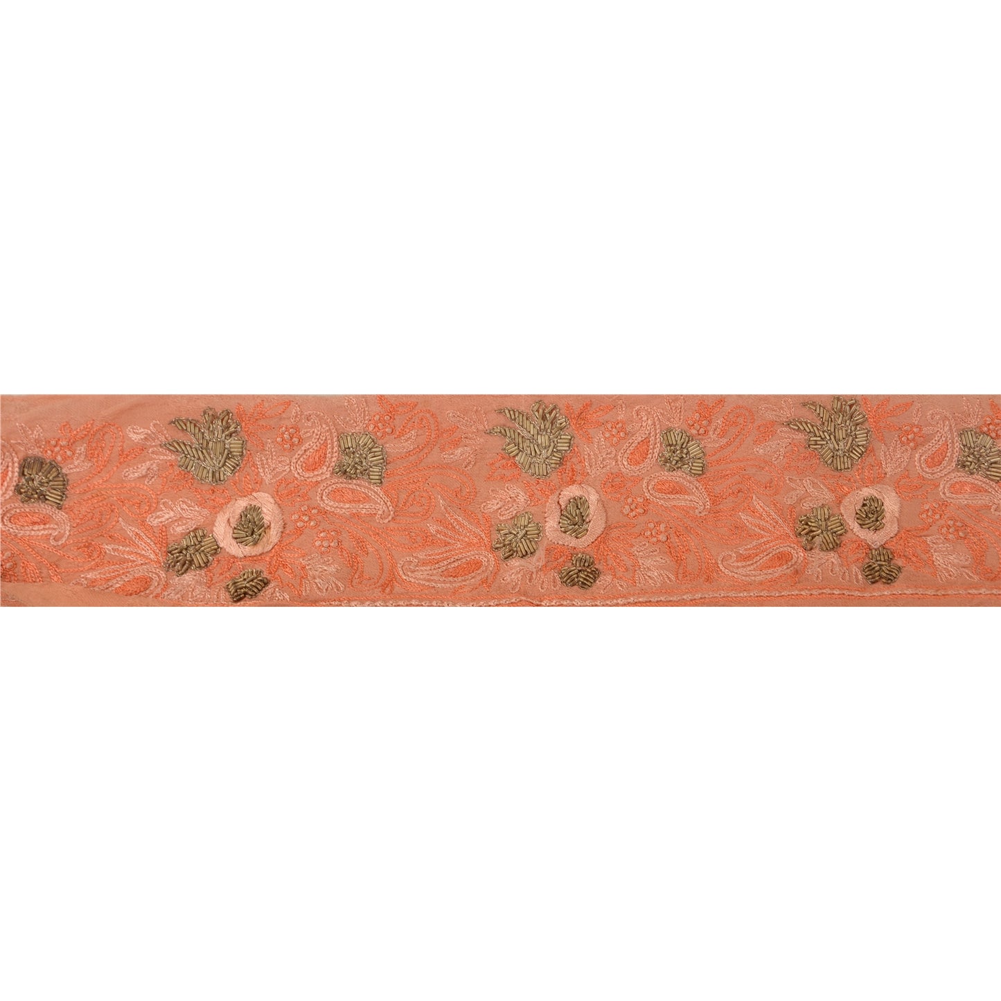 Sanskriti Vintage Sari Border Hand Embroidered 1 Yd Trim Sewing Peach Craft Lace
