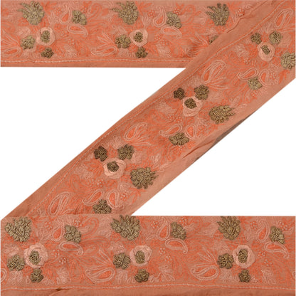 Sanskriti Vintage Sari Border Hand Embroidered 1 Yd Trim Sewing Peach Craft Lace