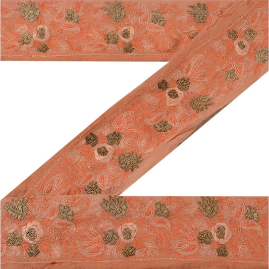 Sanskriti Vintage Sari Border Hand Embroidered 1 Yd Trim Sewing Peach Craft Lace