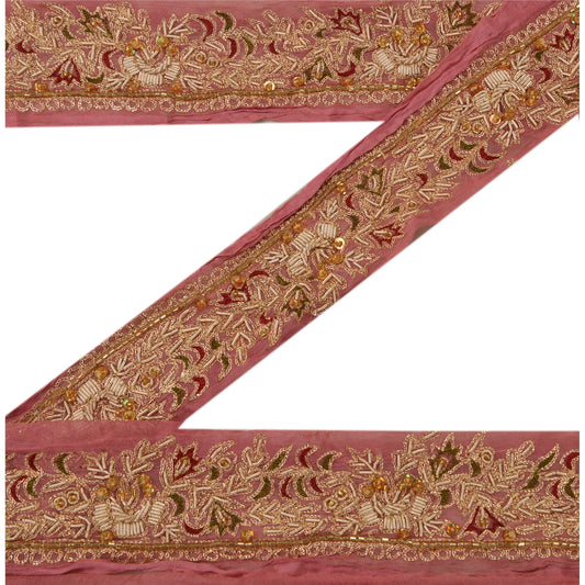Sanskriti Vintage Sari Border Hand Beaded 1Yd Indian Trim Dã©Cor Ribbon Pink Lace
