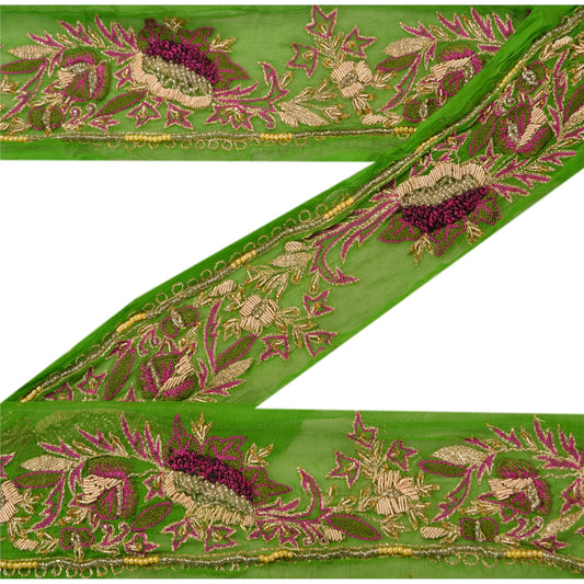 Sanskriti Vintage Sari Border Antique Hand Beaded 1 Yd Indian Trim Sewing Green Decor Lace