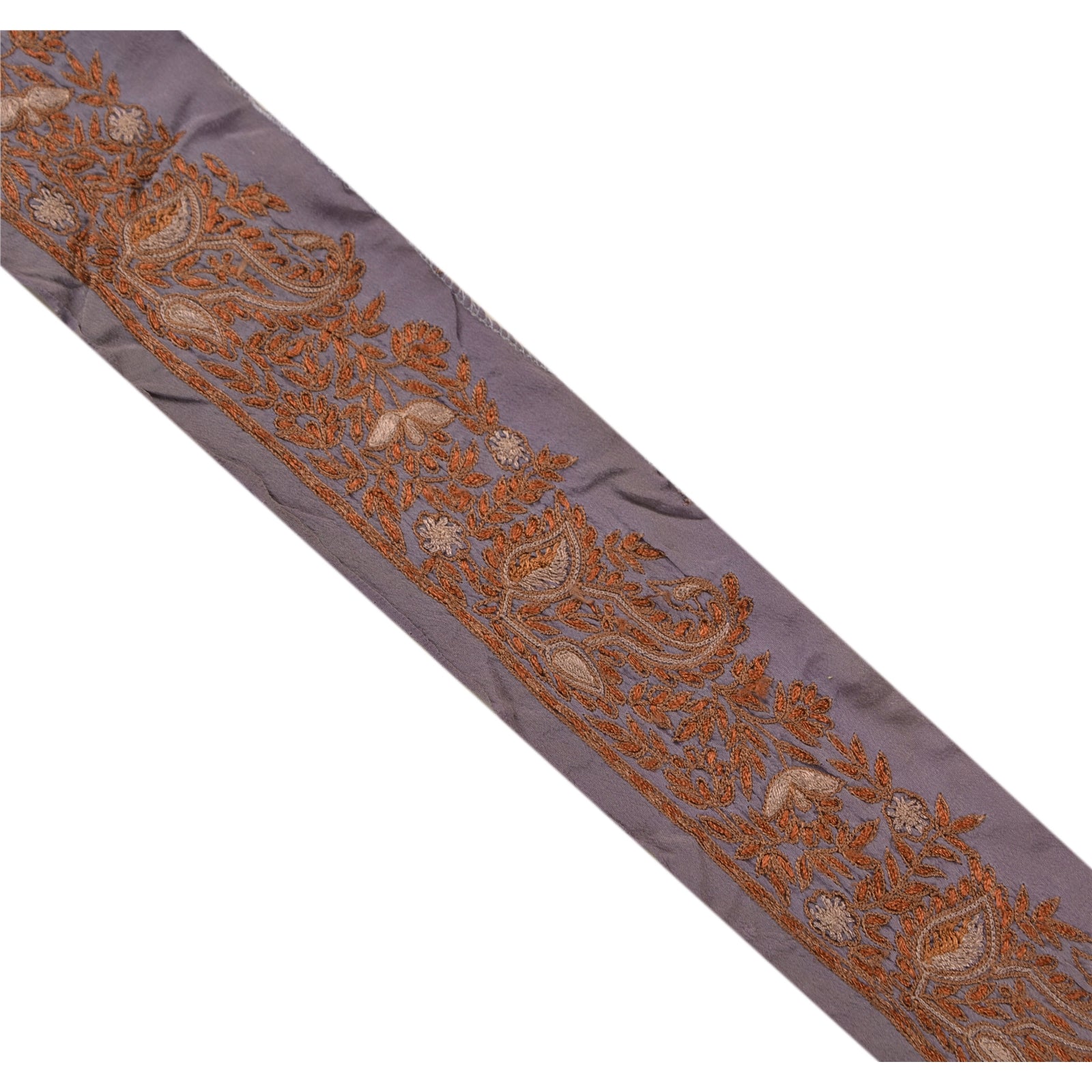 Sanskriti Vintage Border Hand Embroidered 1 Yd Trim Ribbon Rusty Purple Lace