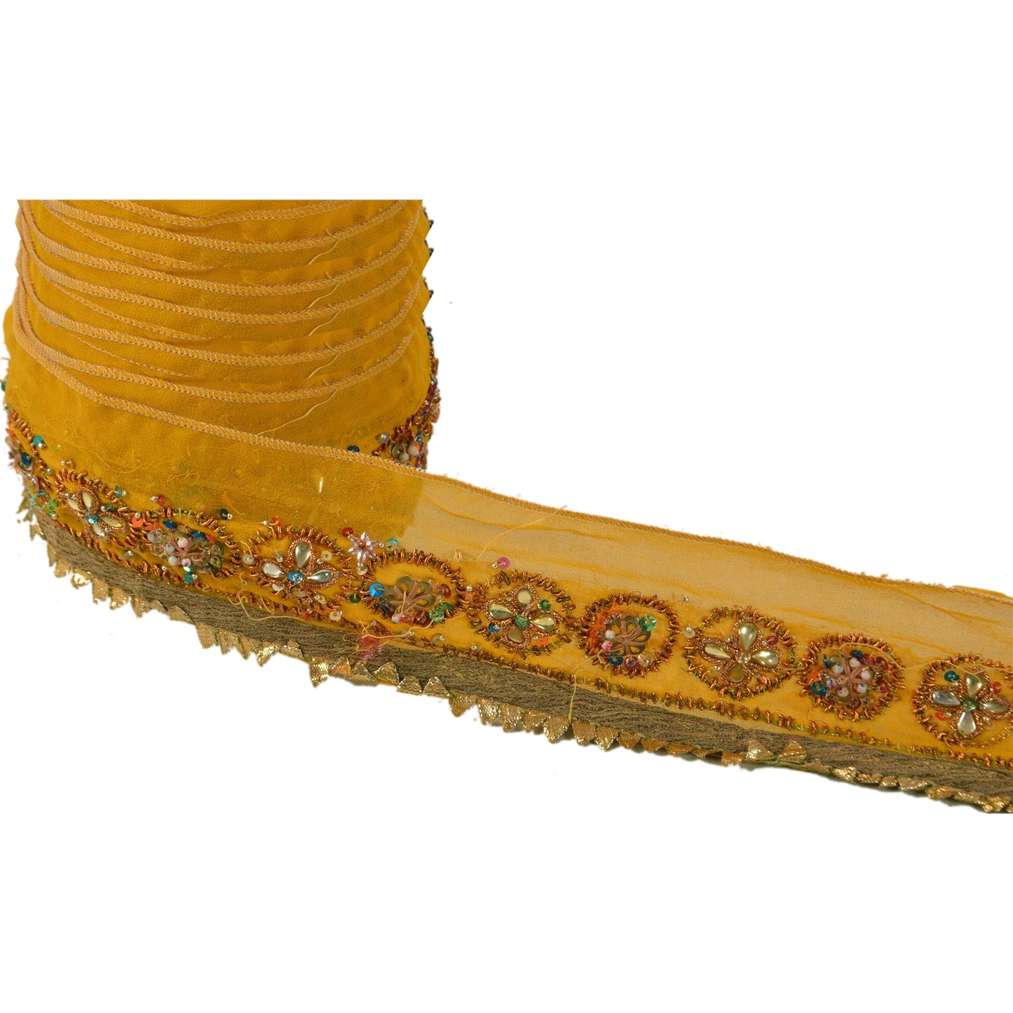 Sanskriti Vintage Sari Border Hand Beaded 1 Yd Trim Sewing Yellow Craft Lace