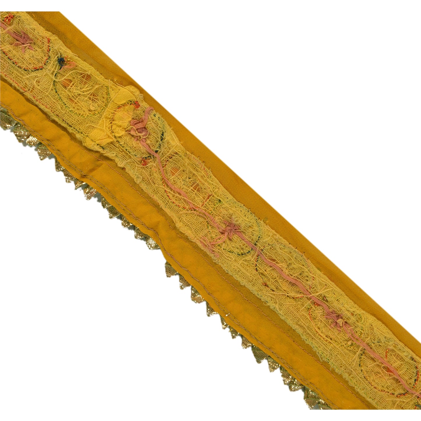 Sanskriti Vintage Sari Border Hand Beaded 1 Yd Trim Sewing Yellow Craft Lace