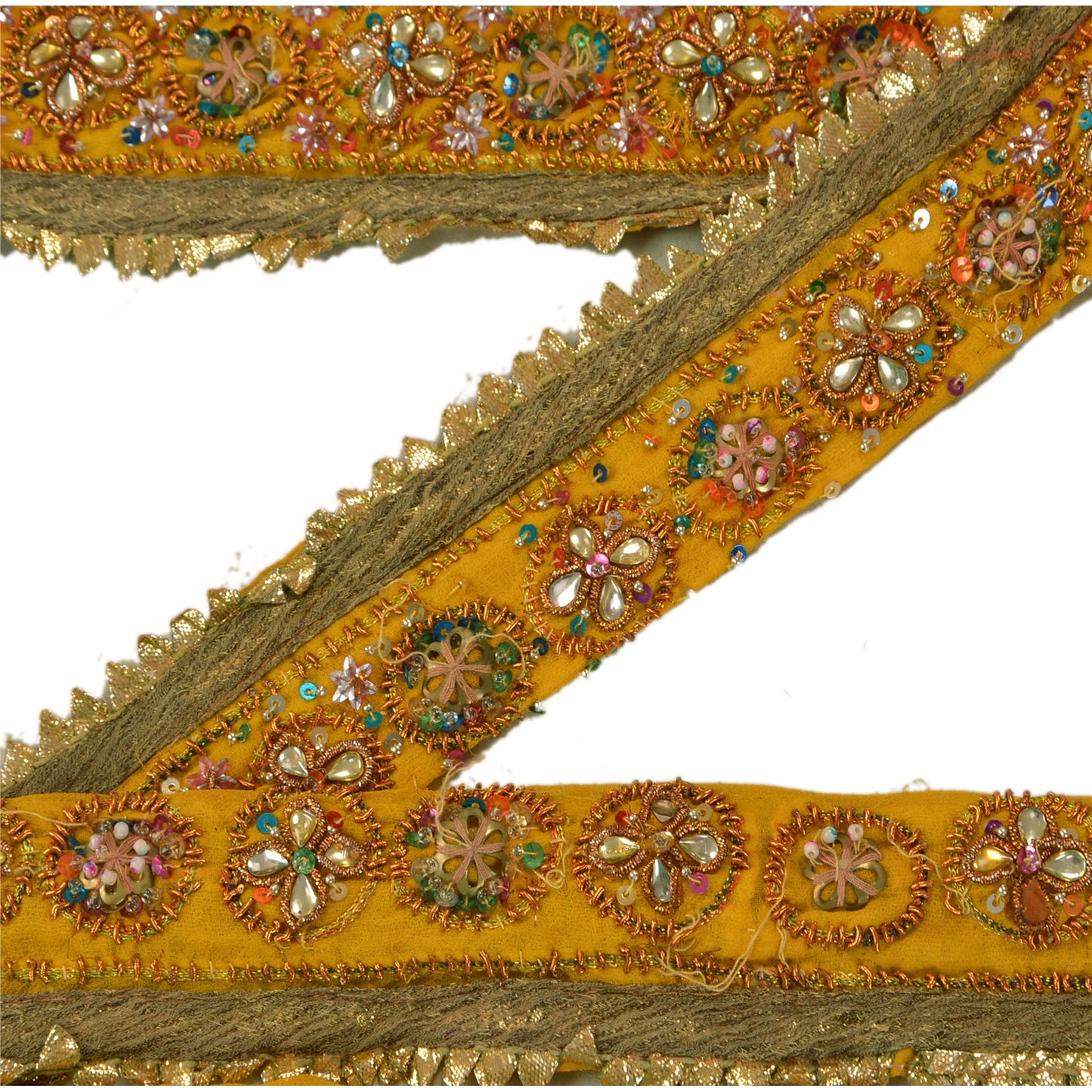 Sanskriti Vintage Sari Border Hand Beaded 1 Yd Trim Sewing Yellow Craft Lace