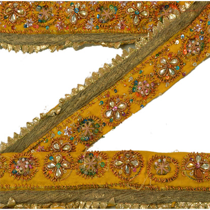 Sanskriti Vintage Sari Border Hand Beaded 1 Yd Trim Sewing Yellow Craft Lace
