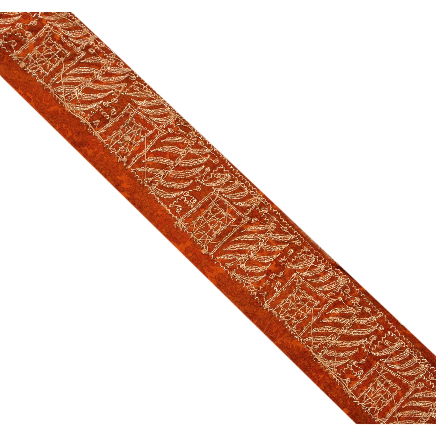 Sanskriti Vintage Border Hand Embroidery 1YD Trim Zari Zardozi Orange Craft Lace