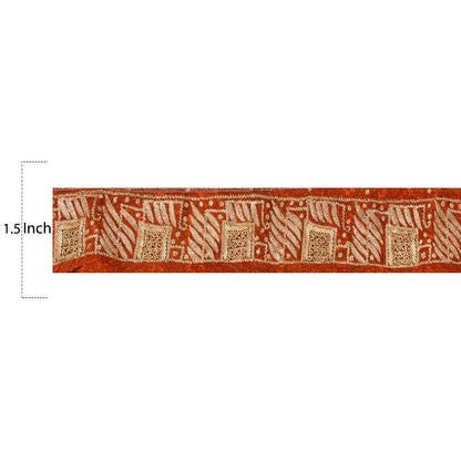 Sanskriti Vintage Border Hand Embroidery 1YD Trim Zari Zardozi Orange Craft Lace
