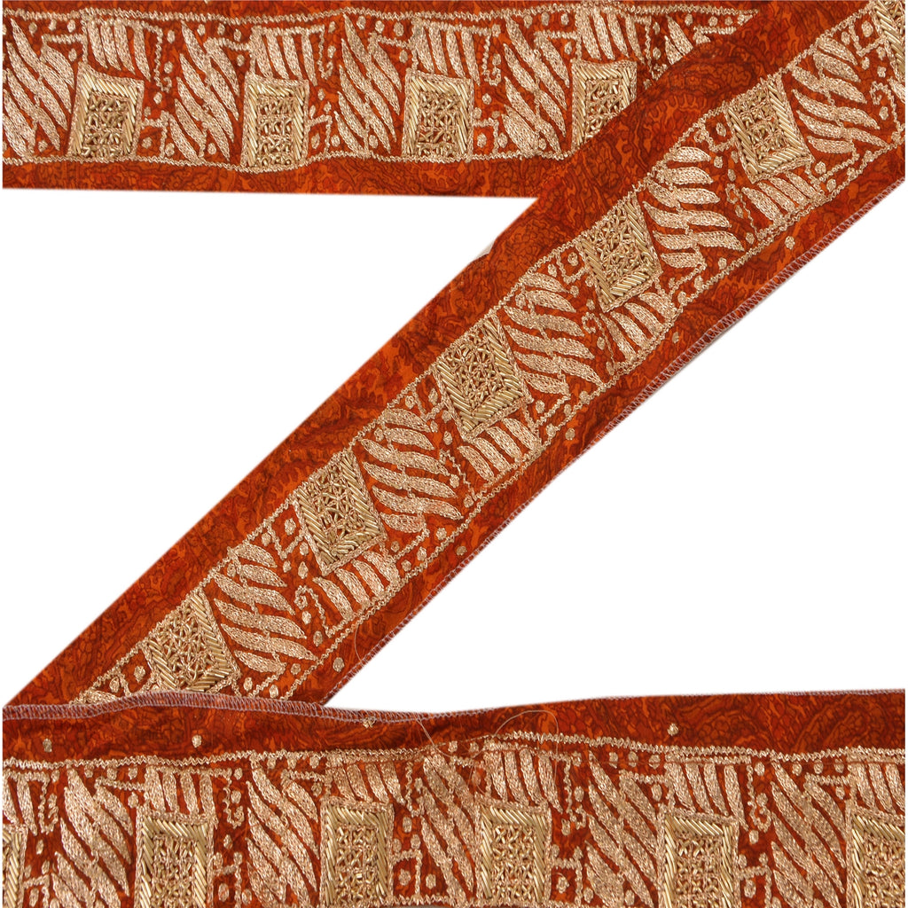 Sanskriti Vintage Border Hand Embroidery 1YD Trim Zari Zardozi Orange Craft Lace