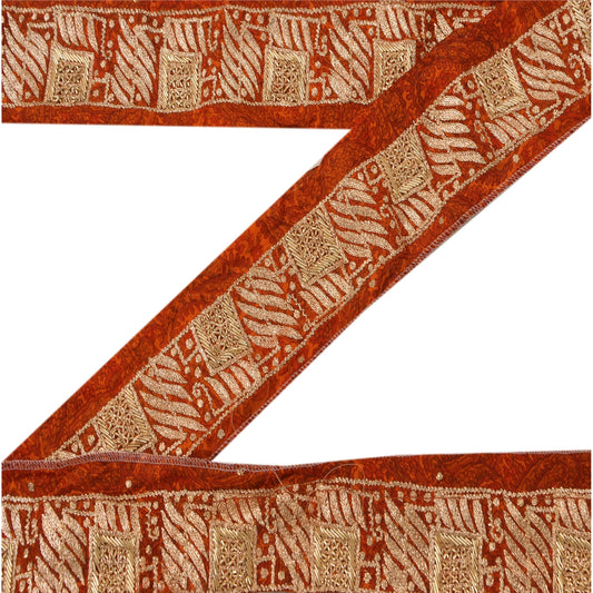 Sanskriti Vintage Border Hand Embroidery 1YD Trim Zari Zardozi Orange Craft Lace