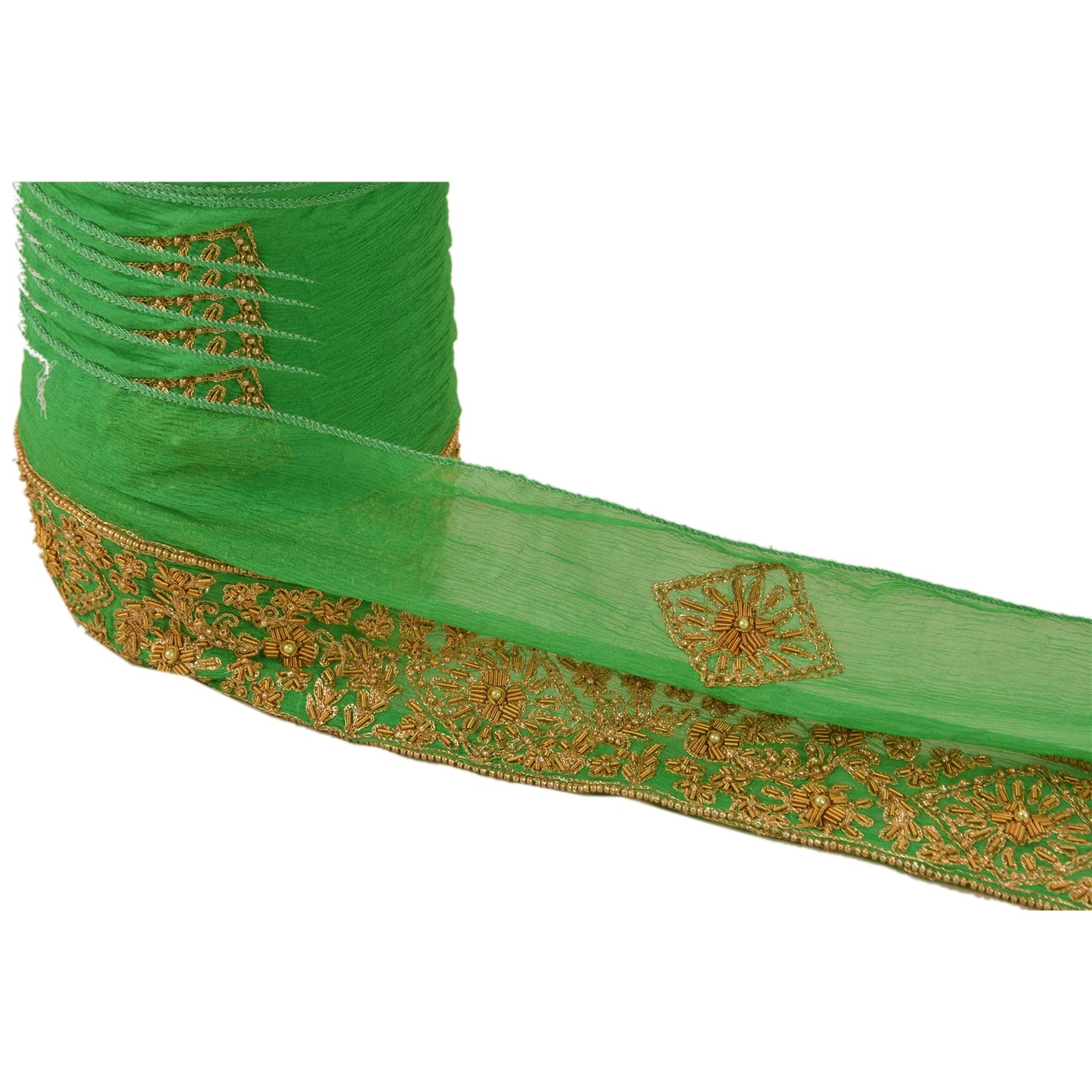 Sanskriti Vintage Sari Border Hand Beaded 1 Yd Indian Trim Craft Green Zari Lace