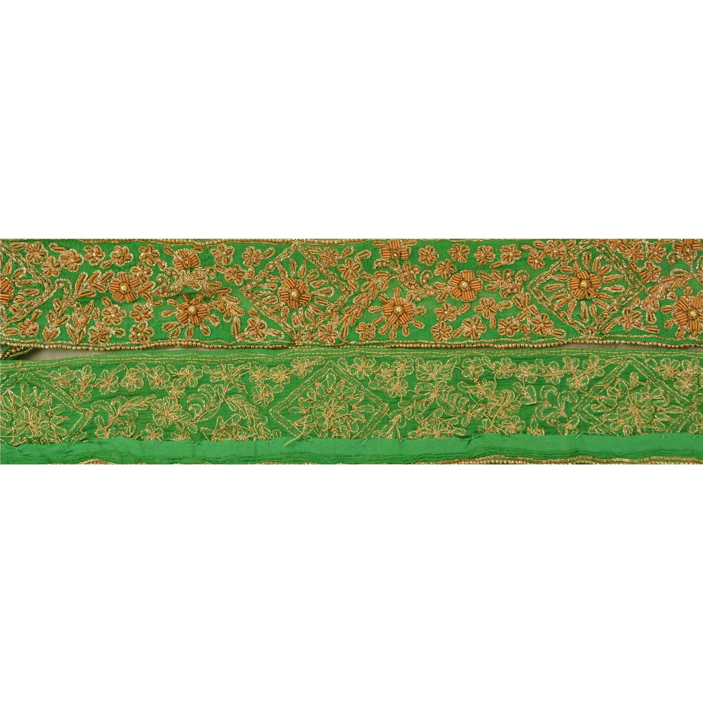 Sanskriti Vintage Sari Border Hand Beaded 1 Yd Indian Trim Craft Green Zari Lace