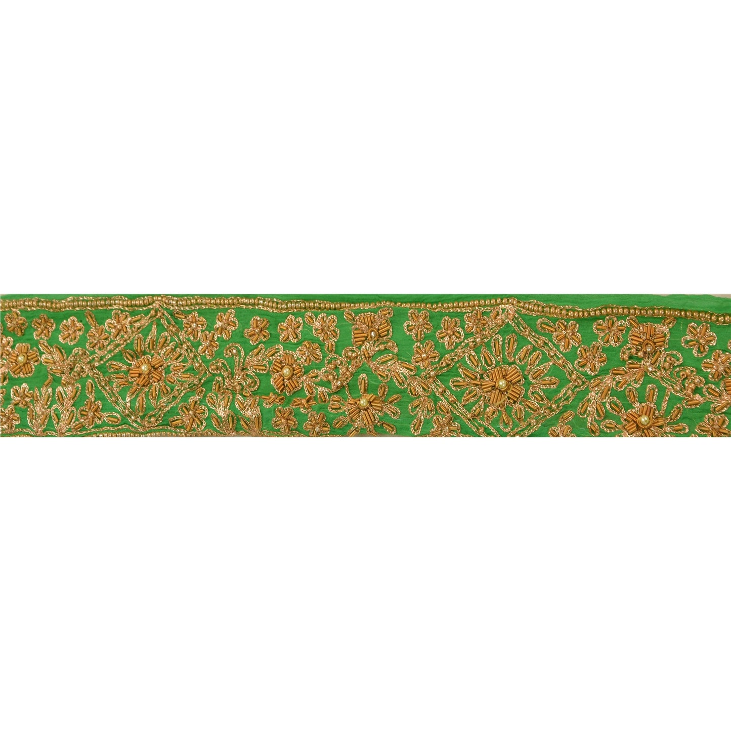 Sanskriti Vintage Sari Border Hand Beaded 1 Yd Indian Trim Craft Green Zari Lace