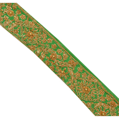 Sanskriti Vintage Sari Border Hand Beaded 1 Yd Indian Trim Craft Green Zari Lace
