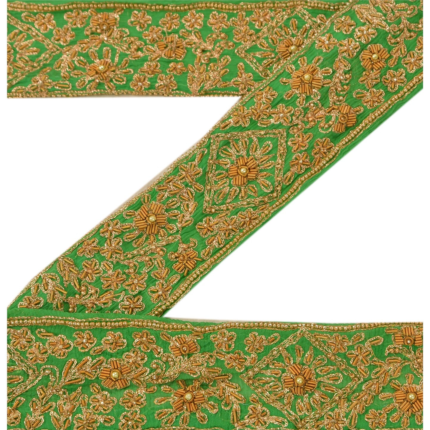 Sanskriti Vintage Sari Border Hand Beaded 1 Yd Indian Trim Craft Green Zari Lace