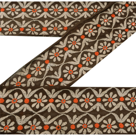 Sanskriti Vintage Sari Border Hand Embroidered 1 Yd Trim Sewing Brown Craft Lace