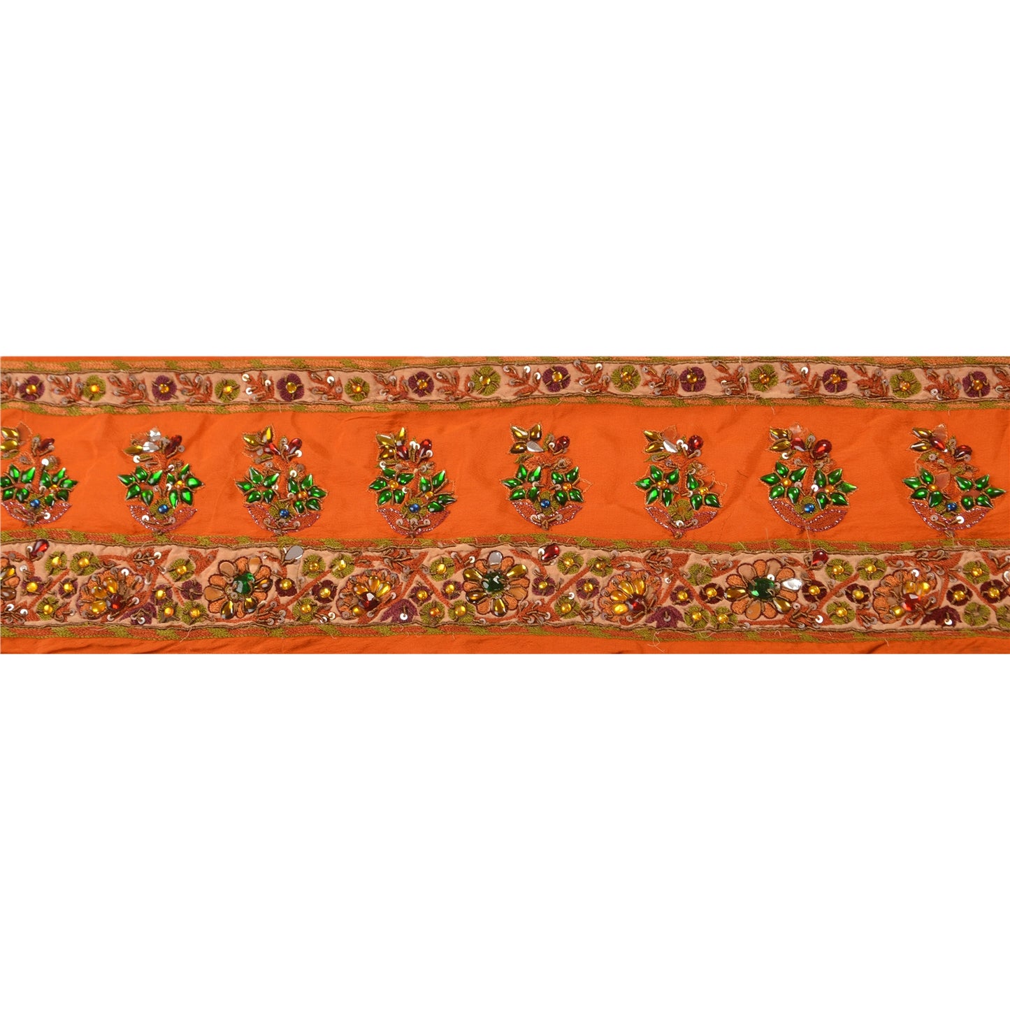 Sanskriti Vintage Sari Border Hand Beaded 1 Yd Indian Trim Sewing Orange Lace