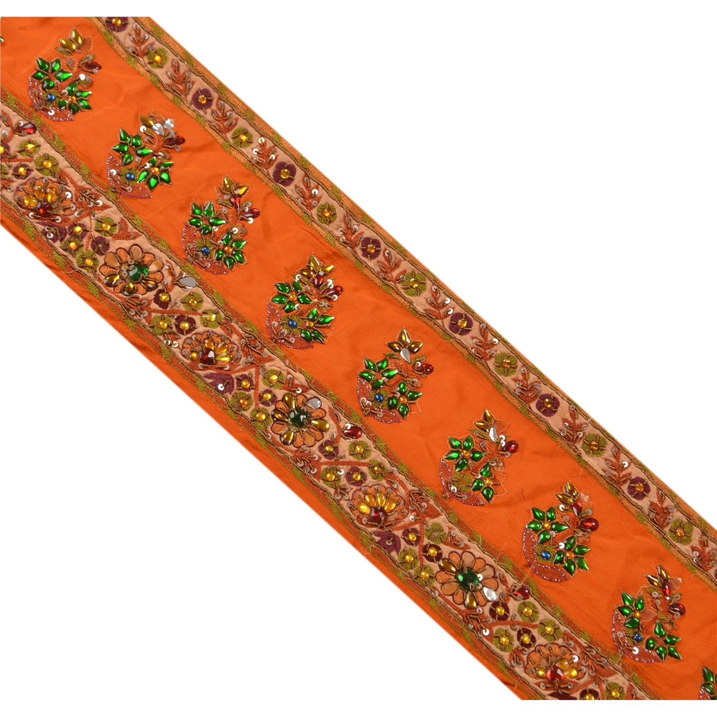 Sanskriti Vintage Sari Border Hand Beaded 1 Yd Indian Trim Sewing Orange Lace