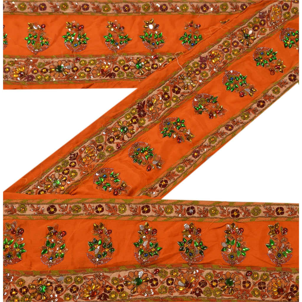 Sanskriti Vintage Sari Border Hand Beaded 1 Yd Indian Trim Sewing Orange Lace
