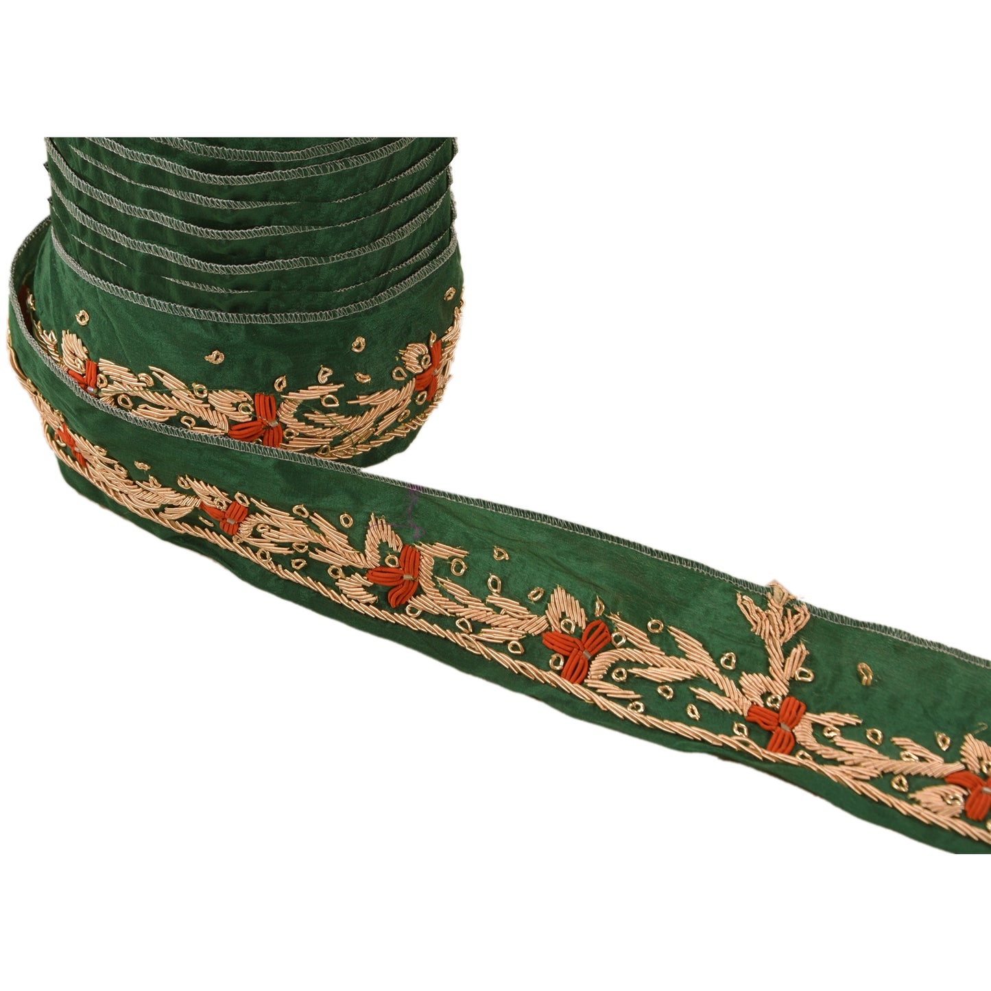 Sanskriti Vintage Sari Border Hand Beaded 1 Yd Indian Trim Ribbon Green Lace
