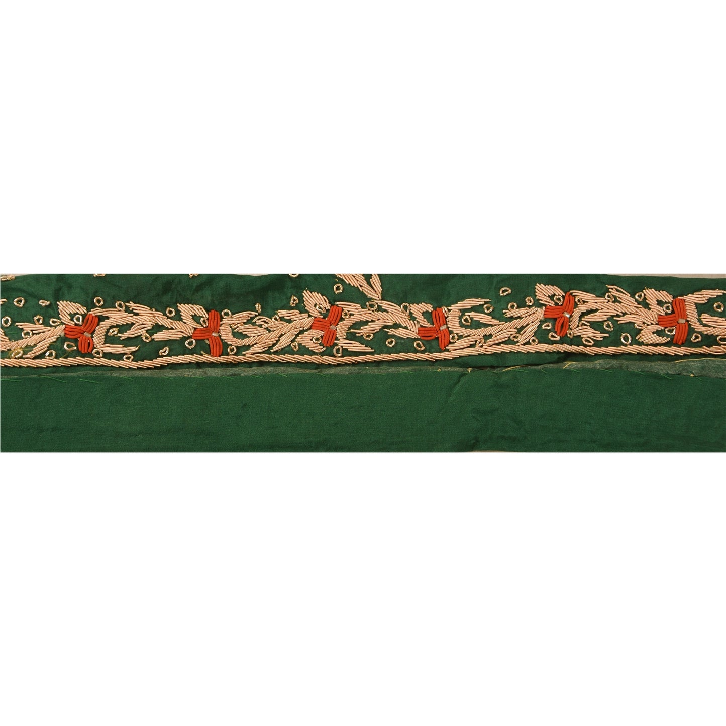Sanskriti Vintage Sari Border Hand Beaded 1 Yd Indian Trim Ribbon Green Lace