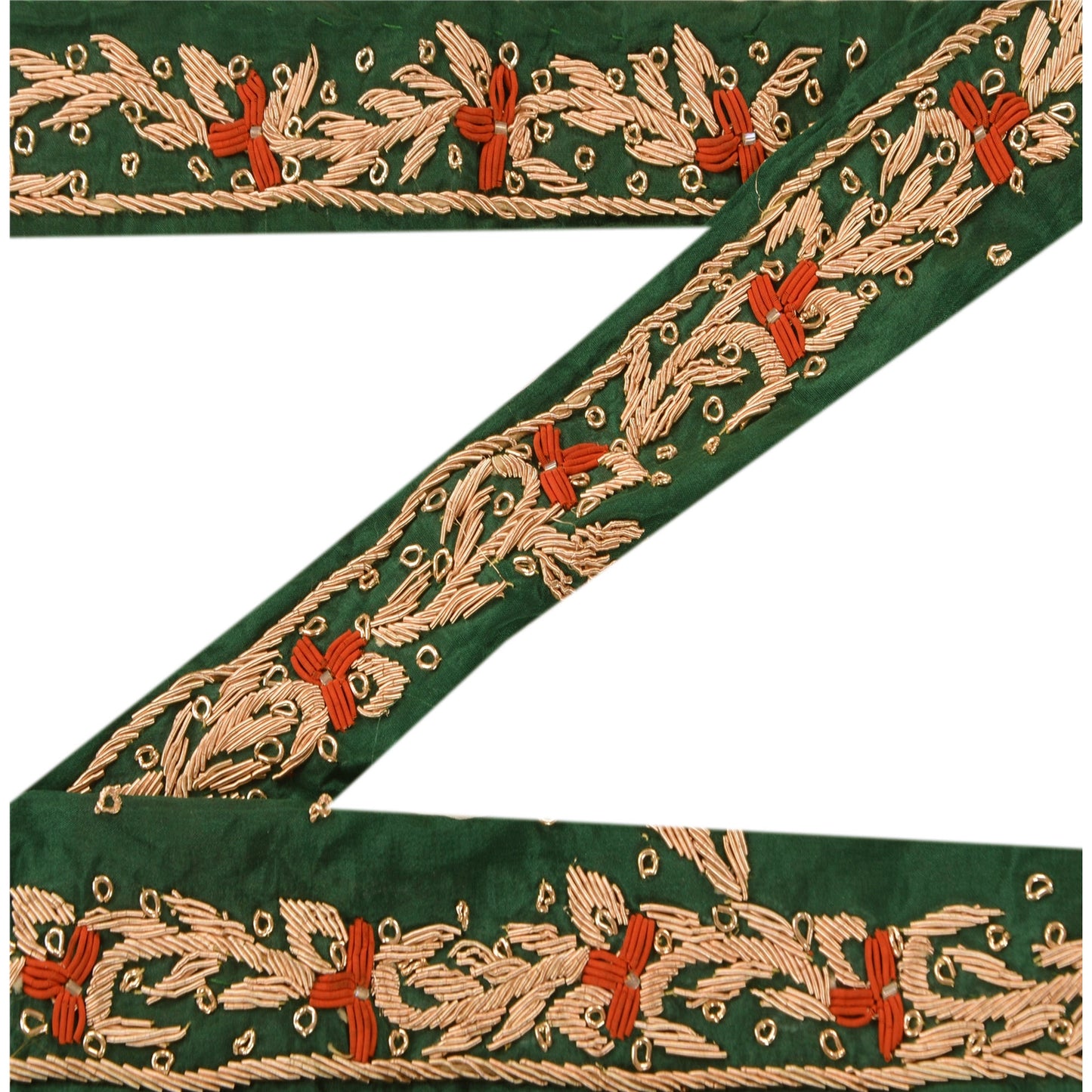 Sanskriti Vintage Sari Border Hand Beaded 1 Yd Indian Trim Ribbon Green Lace