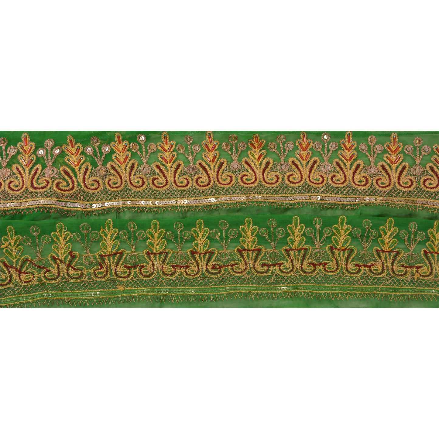 Sanskriti Vintage Sari Border Hand Beaded 1Yd Trim Sewing Green Deco Lace