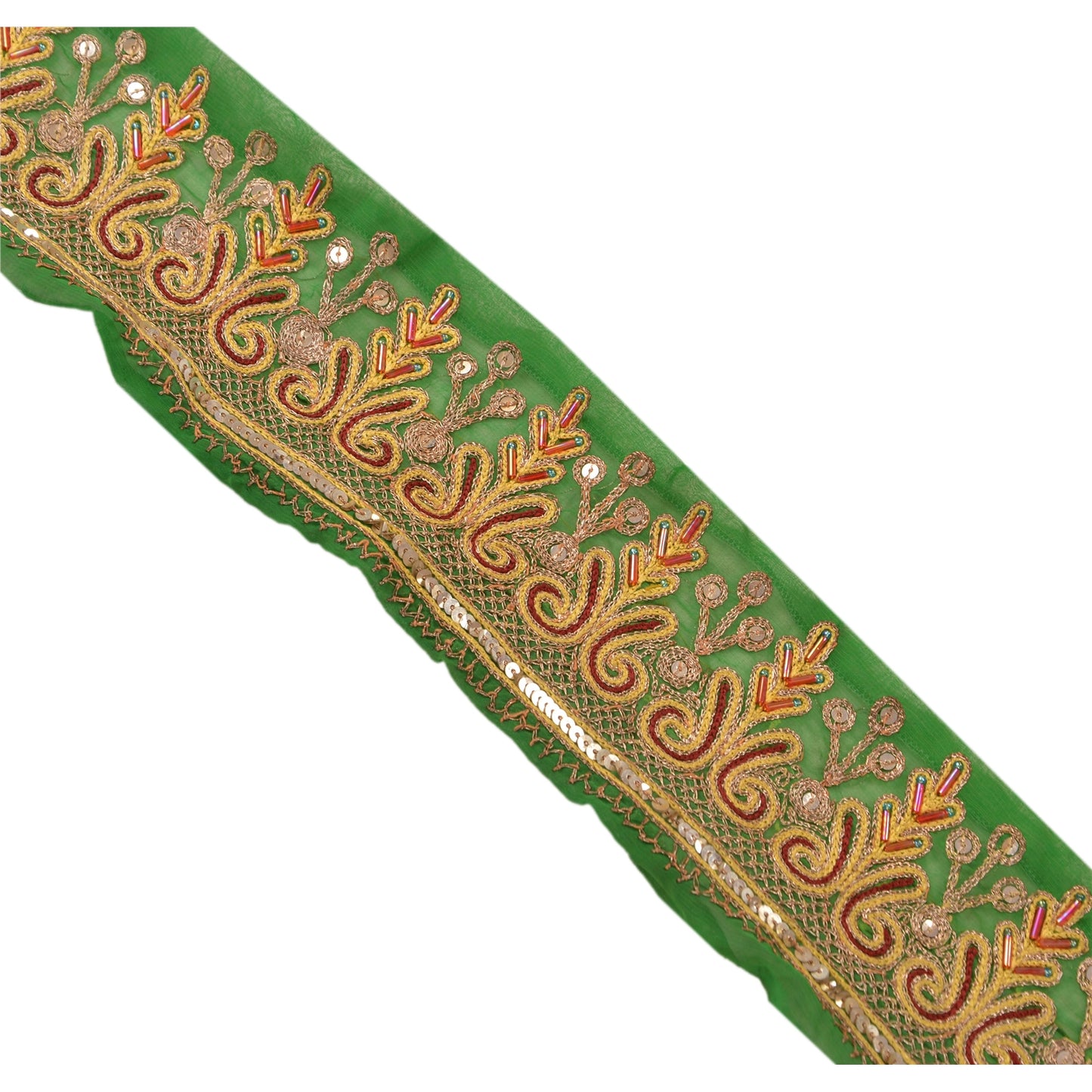Sanskriti Vintage Sari Border Hand Beaded 1Yd Trim Sewing Green Deco Lace