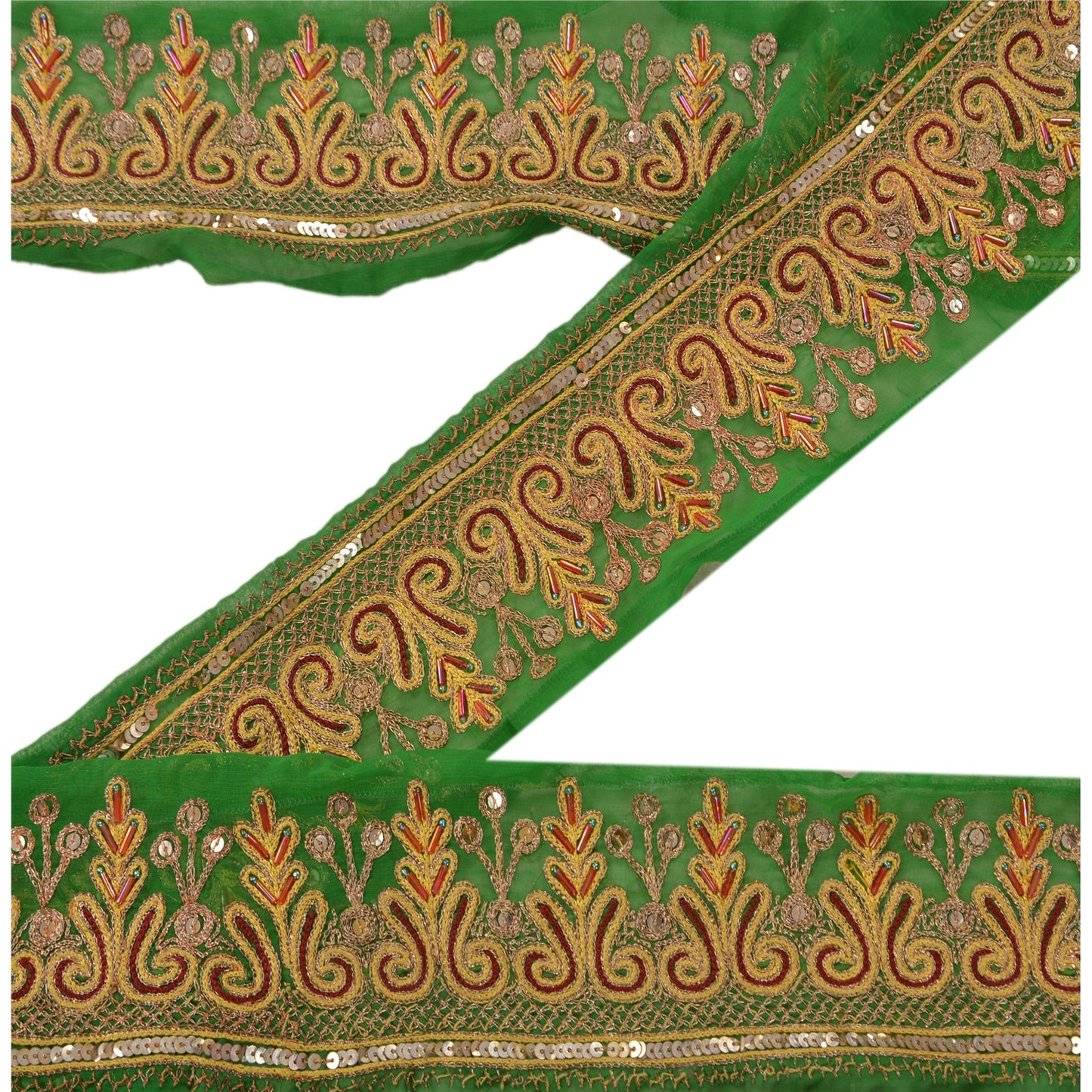 Sanskriti Vintage Sari Border Hand Beaded 1Yd Trim Sewing Green Deco Lace