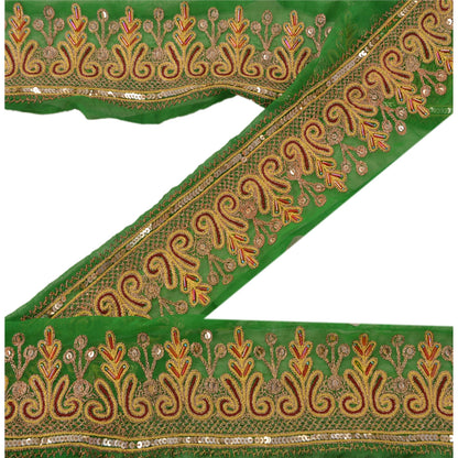 Sanskriti Vintage Sari Border Hand Beaded 1Yd Trim Sewing Green Deco Lace