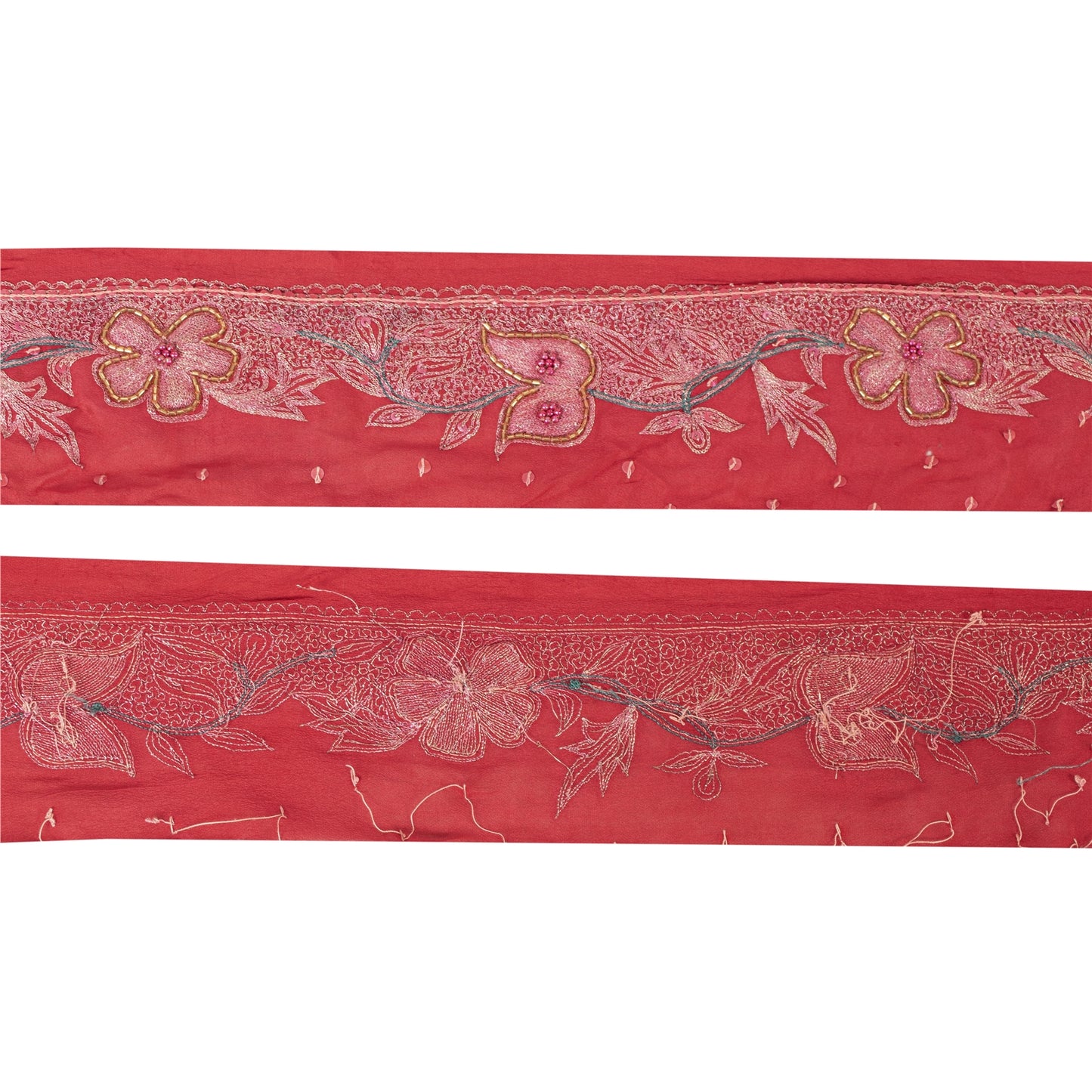 Sanskriti Vintage Sari Border Hand Beaded 1 YD Indian Trim Sewing Red Zari Lace