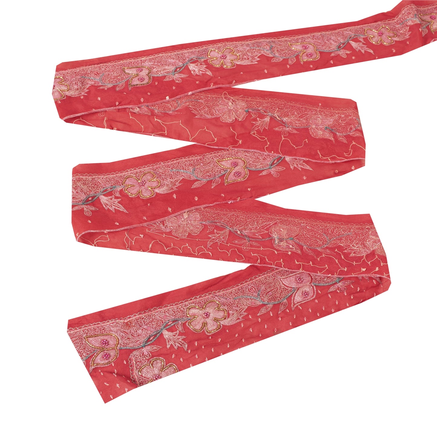 Sanskriti Vintage Sari Border Hand Beaded 1 YD Indian Trim Sewing Red Zari Lace