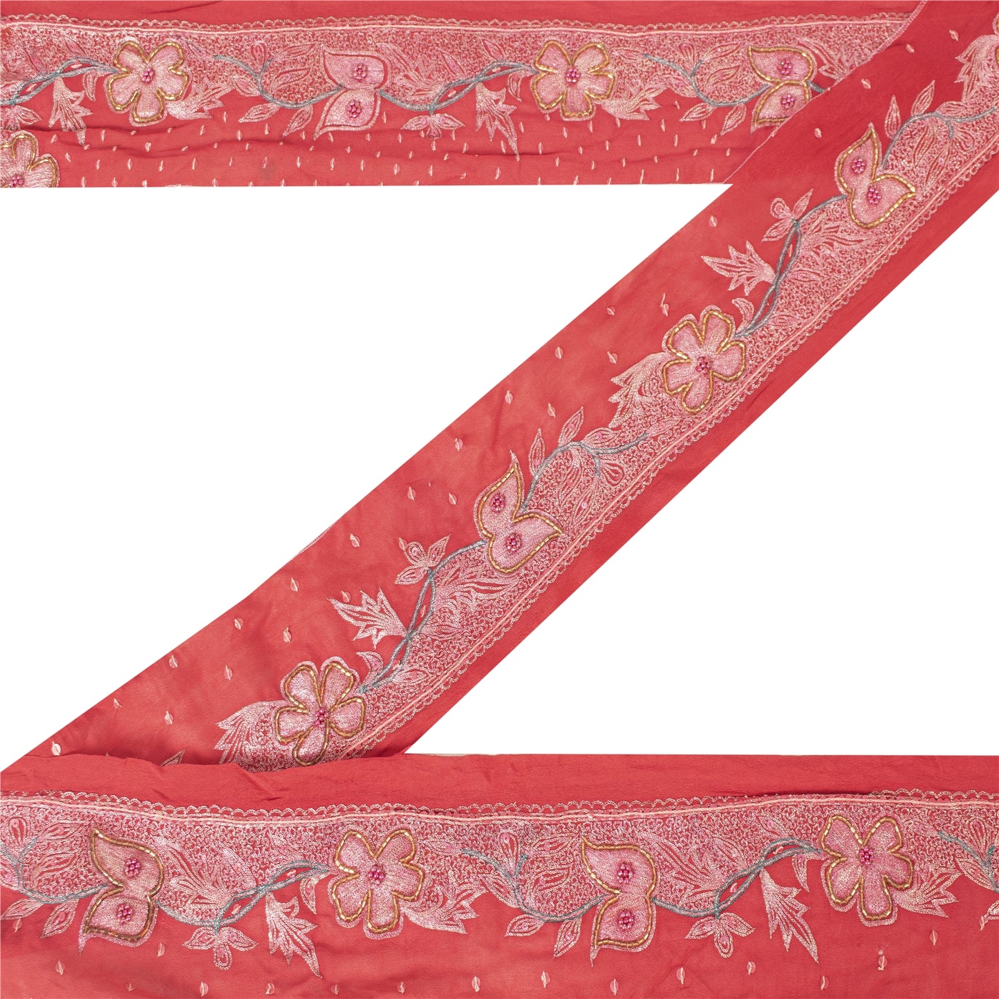 Sanskriti Vintage Sari Border Hand Beaded 1 YD Indian Trim Sewing Red Zari Lace