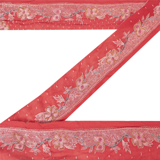Sanskriti Vintage Sari Border Hand Beaded 1 YD Indian Trim Sewing Red Zari Lace